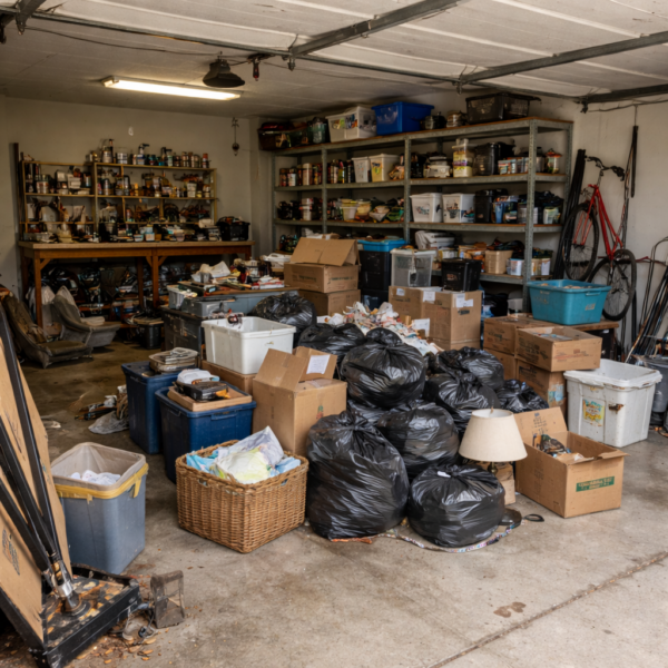 i need a image that looks real 600 x 600 pixel about an estate cleanout. house in the suburbs. inside make it look like a estate sale was done. make sure its under 500 kb