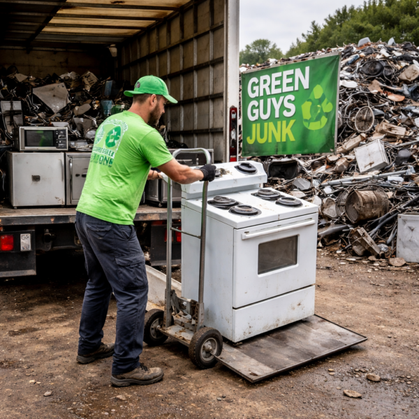 Green Guys Junk Removal Tech Unloading a Stove off The Box Truck Into A Scrap Yard.