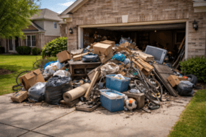 Suburban-driveway-filled-with-clutter