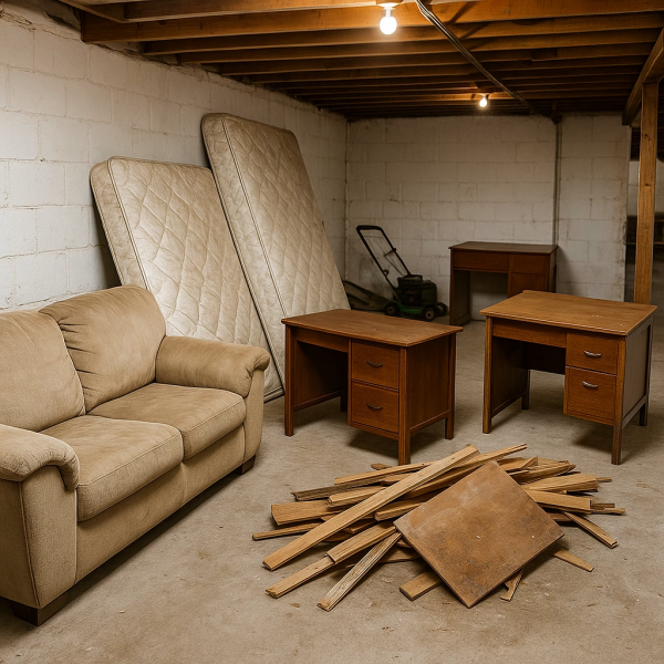 Mattresses and sofa in basement ga.