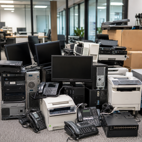 Office computers, monitors, and electronics prepared for responsible removal